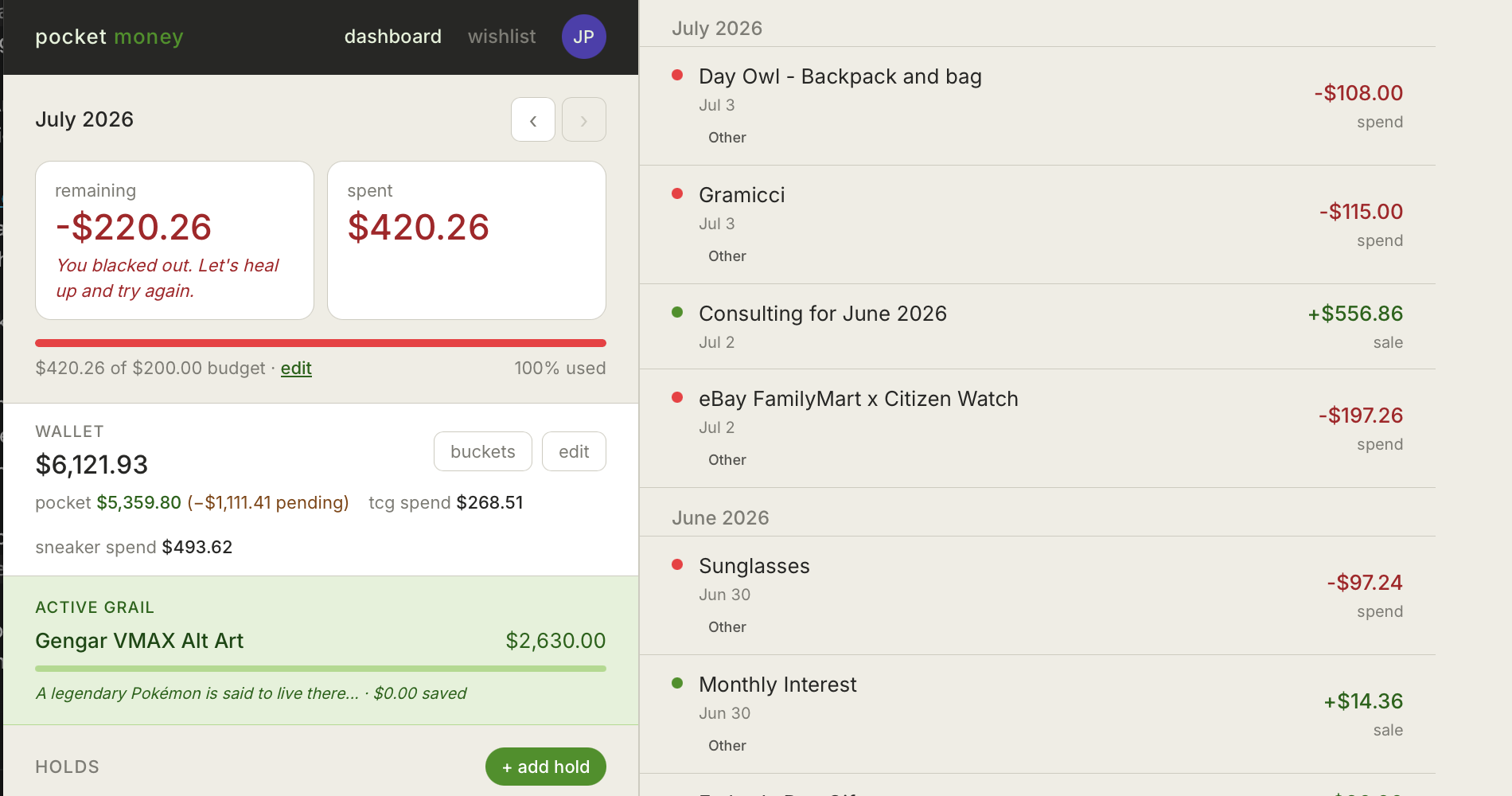 The dashboard: budget, wallet stashes, holds, and the full log