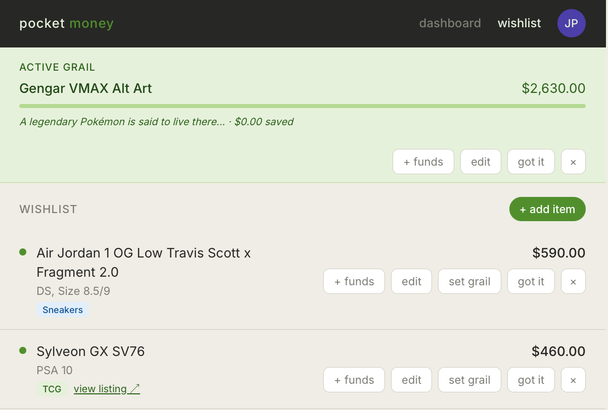 The wishlist, with funds reserved toward your grail